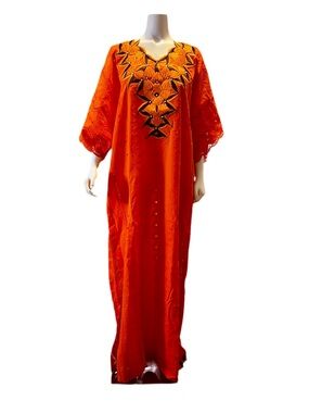 Vibrant Orange Embroidered Kaftan with Bold Neck Motif